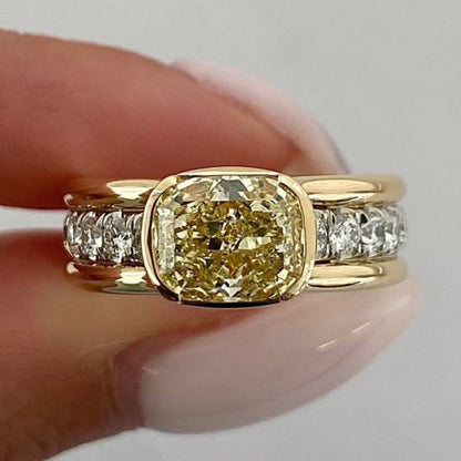 East West Yellow Cushion Lab Grown Engagement Ring Half Bezel Solid Gold Wedding Ring