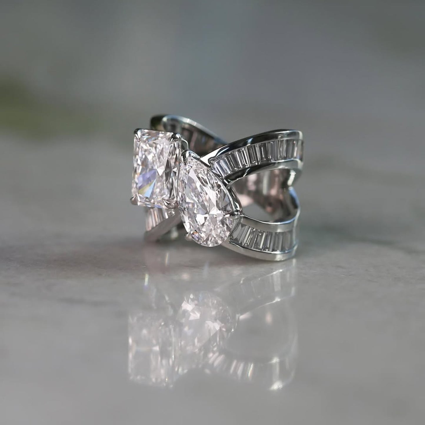 6.48 tcw toi et moi lab grown diamond engagement ring radiant pear cut baguette band white gold wedding ring