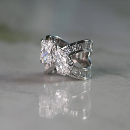 6.48 TCW Toi Et Moi Lab Grown Diamond Engagement Ring Radiant Pear Cut Baguette Band White Gold Wedding Ring
