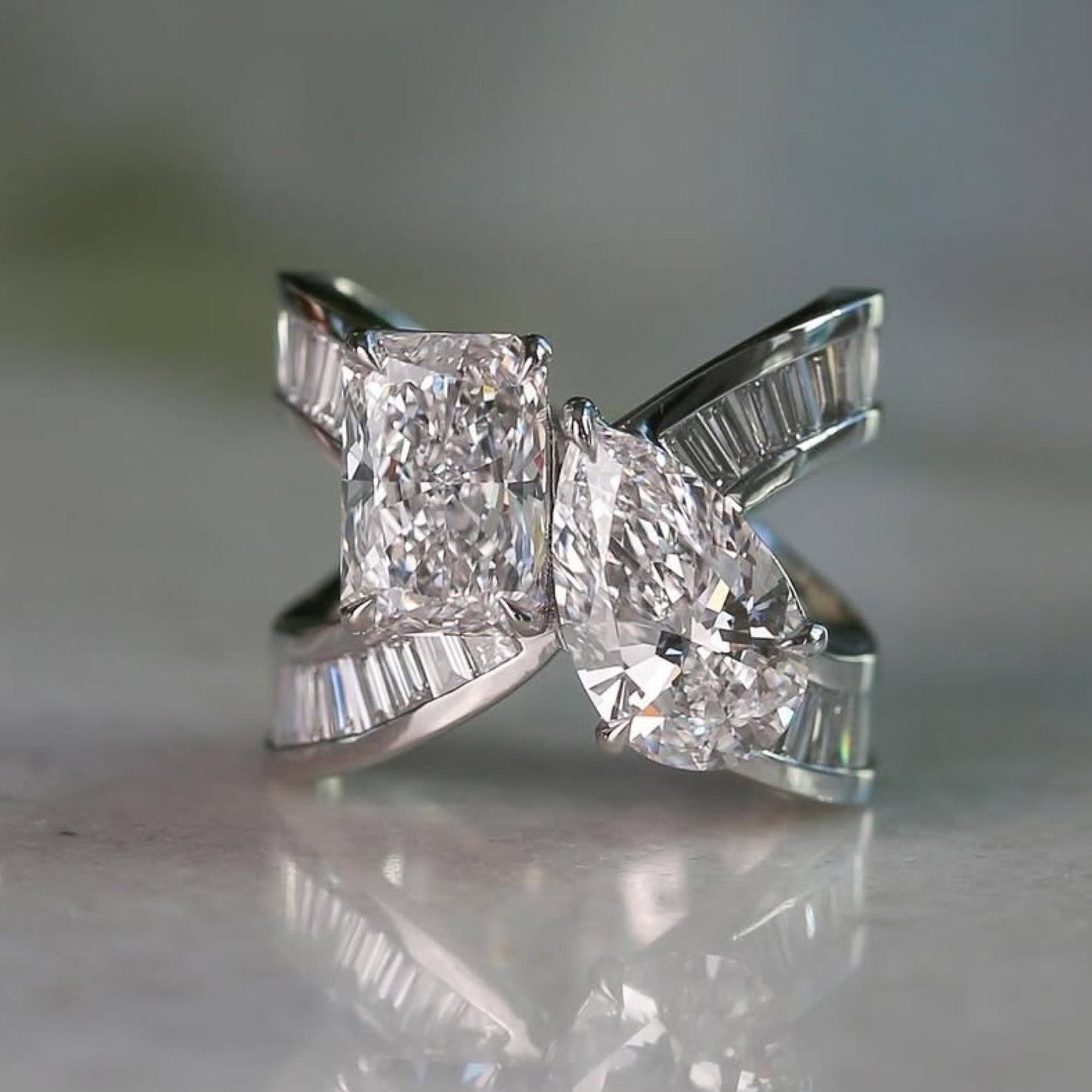 6.48 tcw toi et moi lab grown diamond engagement ring radiant pear cut baguette band white gold wedding ring