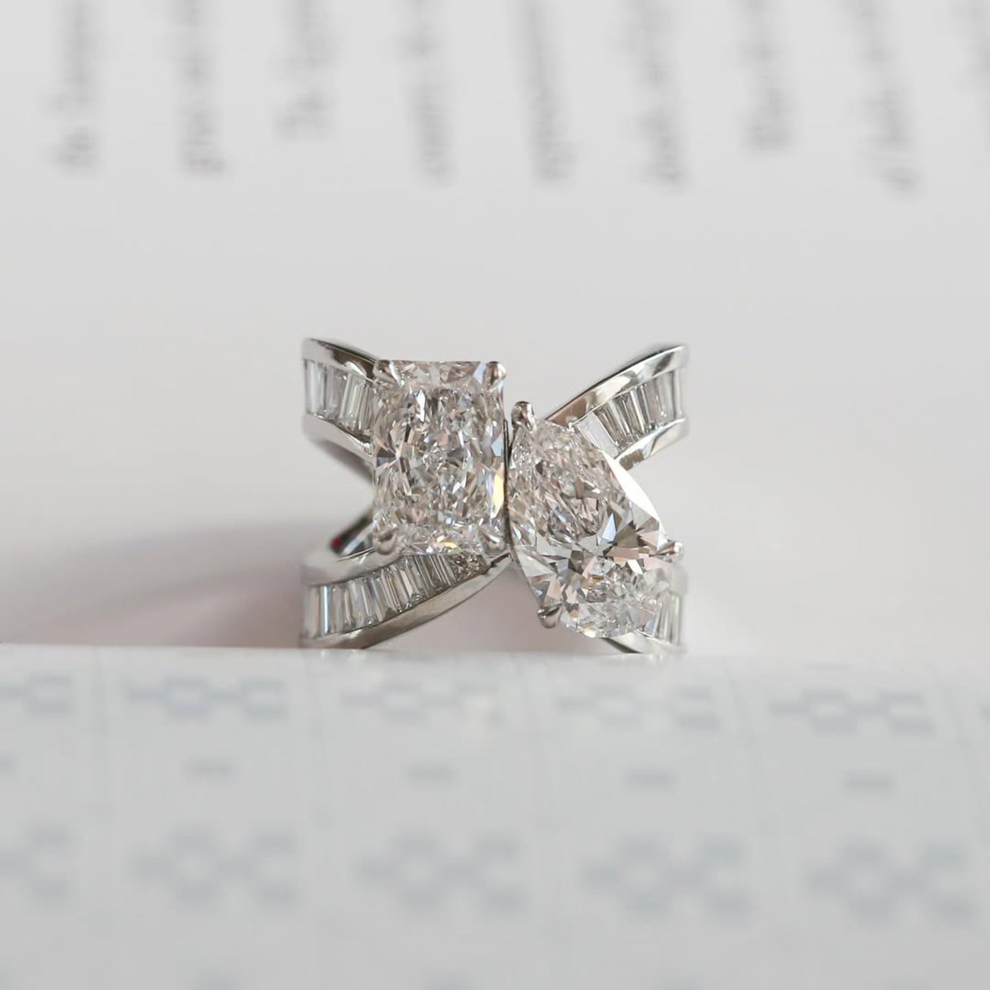 6.48 tcw toi et moi lab grown diamond engagement ring radiant pear cut baguette band white gold wedding ring