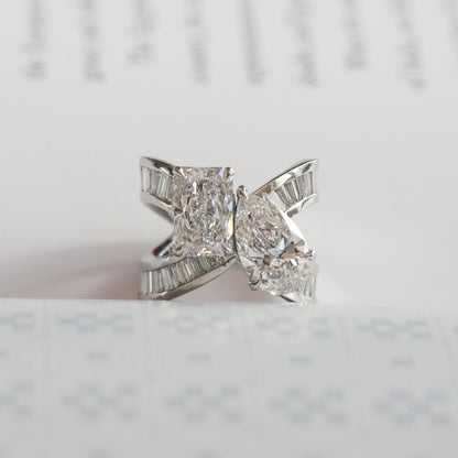 6.48 TCW Toi Et Moi Lab Grown Diamond Engagement Ring Radiant Pear Cut Baguette Band White Gold Wedding Ring