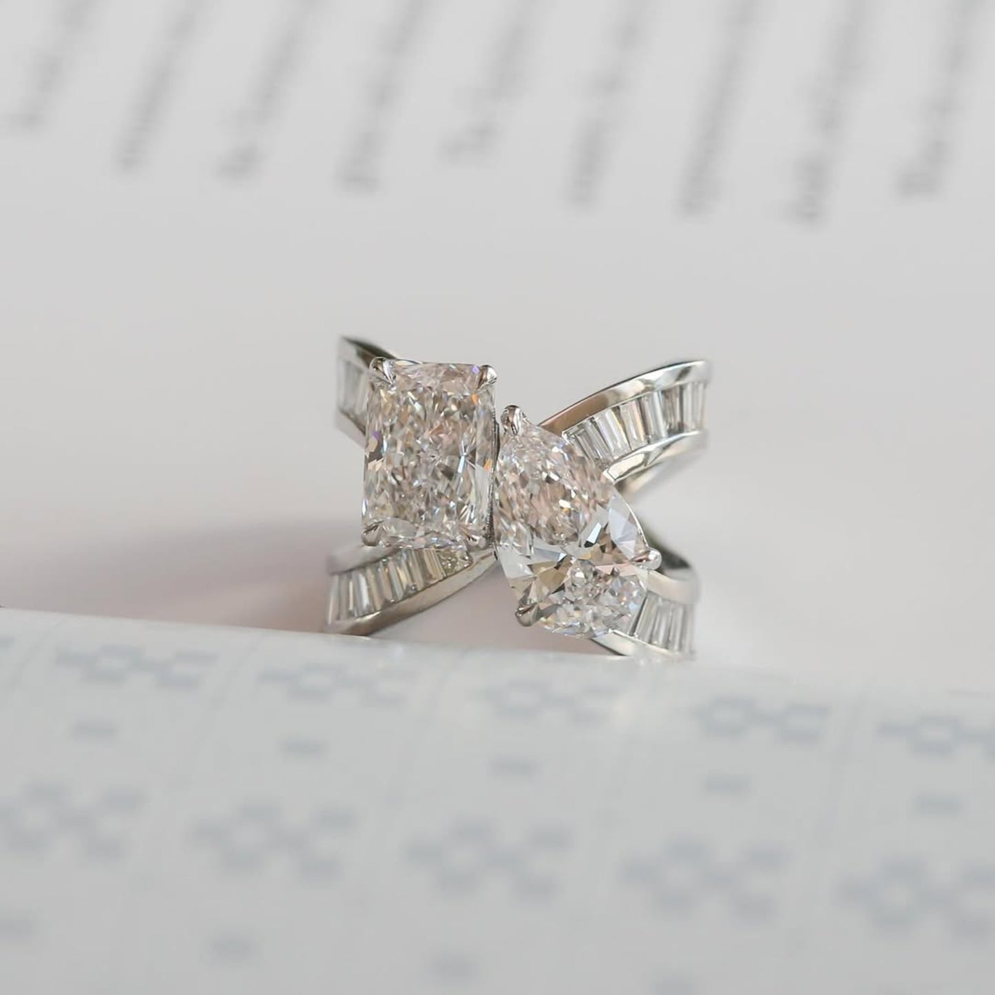 6.48 tcw toi et moi lab grown diamond engagement ring radiant pear cut baguette band white gold wedding ring