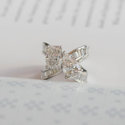 6.48 TCW Toi Et Moi Lab Grown Diamond Engagement Ring Radiant Pear Cut Baguette Band White Gold Wedding Ring