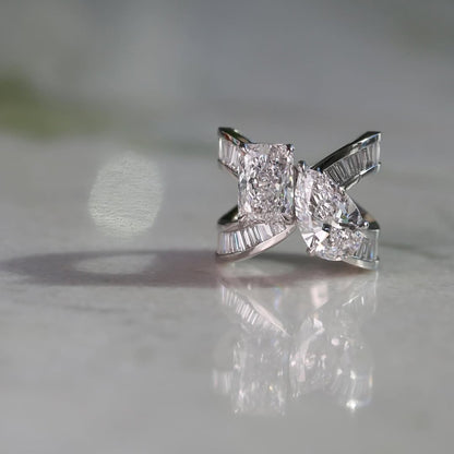 6.48 TCW Toi Et Moi Lab Grown Diamond Engagement Ring Radiant Pear Cut Baguette Band White Gold Wedding Ring