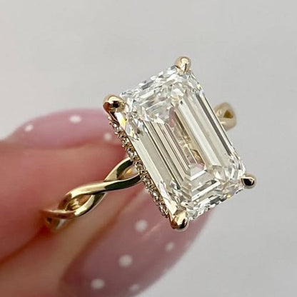 Twisted Band  Emerald Moissanite Hidden Halo Engagement Ring Gold Wedding Anniversary Ring