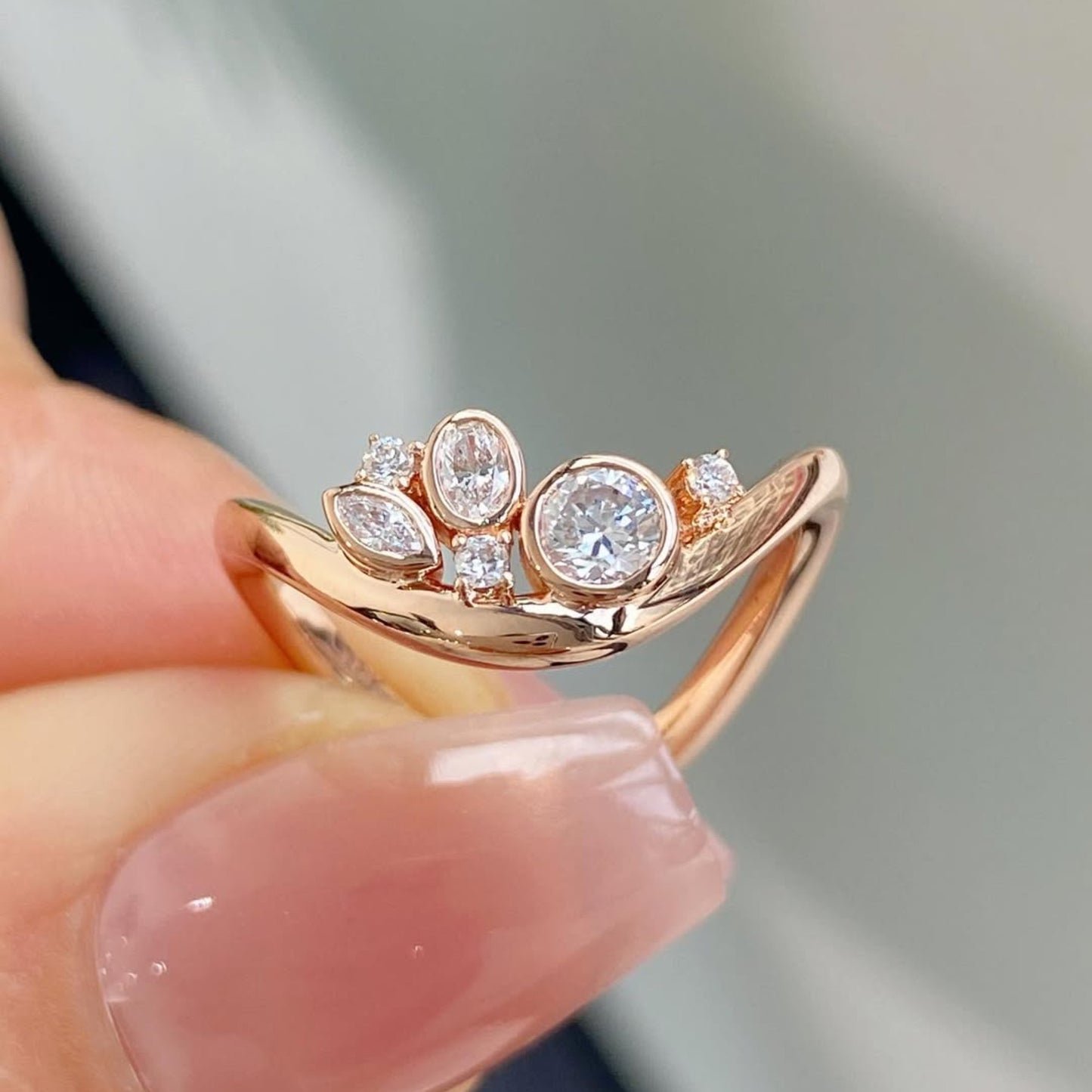 0.48 tcw curve bezel set round and oval and marquise moissanite wedding band minimalist  gold stackable band anniversary matching band