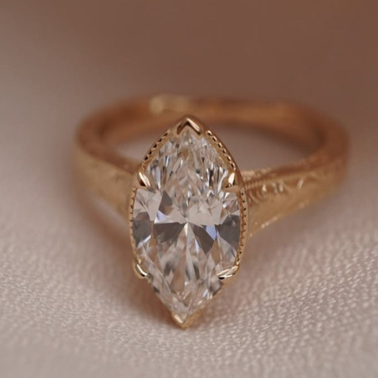 marquise moissanite diamond engagement ring vintage engraved yellow gold