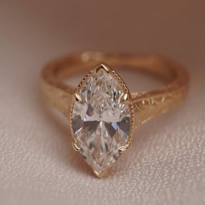 Marquise Moissanite Diamond Engagement Ring Vintage Engraved Yellow Gold
