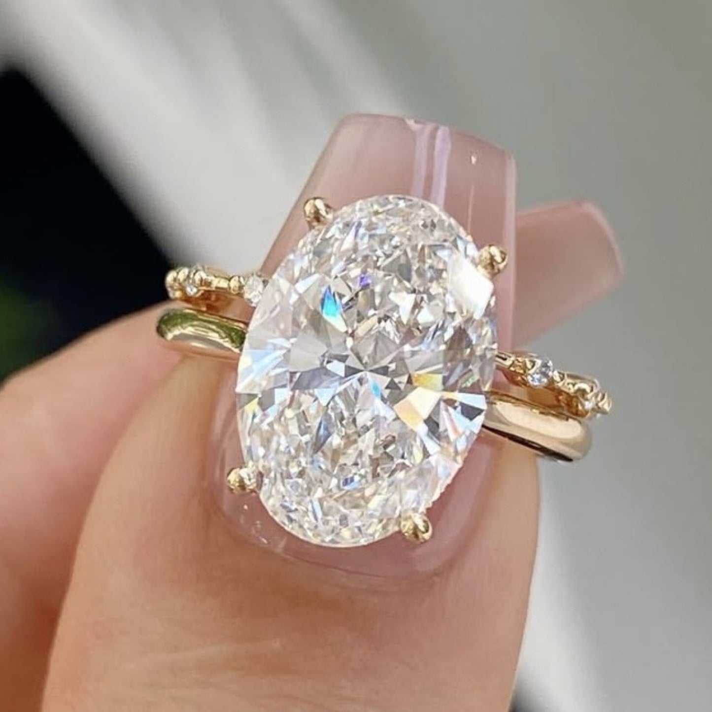 oval lab grown engagement ring set distance pave band set gold bridal wedding ring set