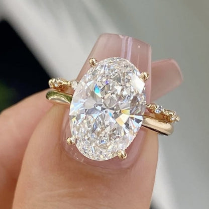 Oval Lab Grown Engagement Ring Set Distance Pave Band Set Gold Bridal Wedding Ring Set