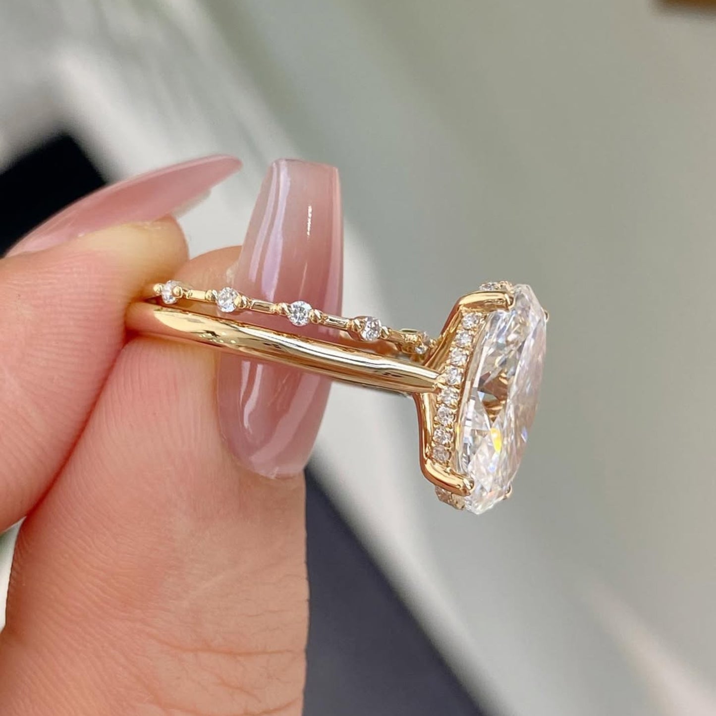 oval lab grown engagement ring set distance pave band set gold bridal wedding ring set