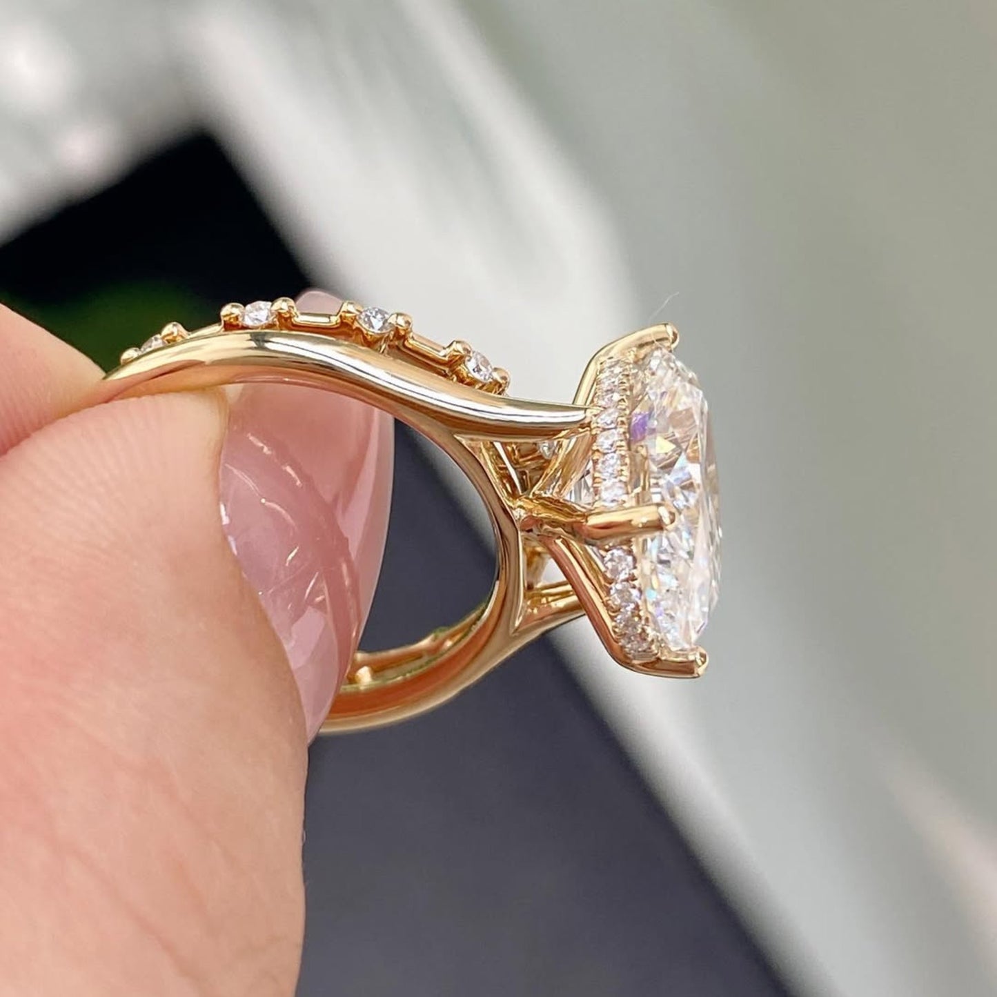 oval lab grown engagement ring set distance pave band set gold bridal wedding ring set