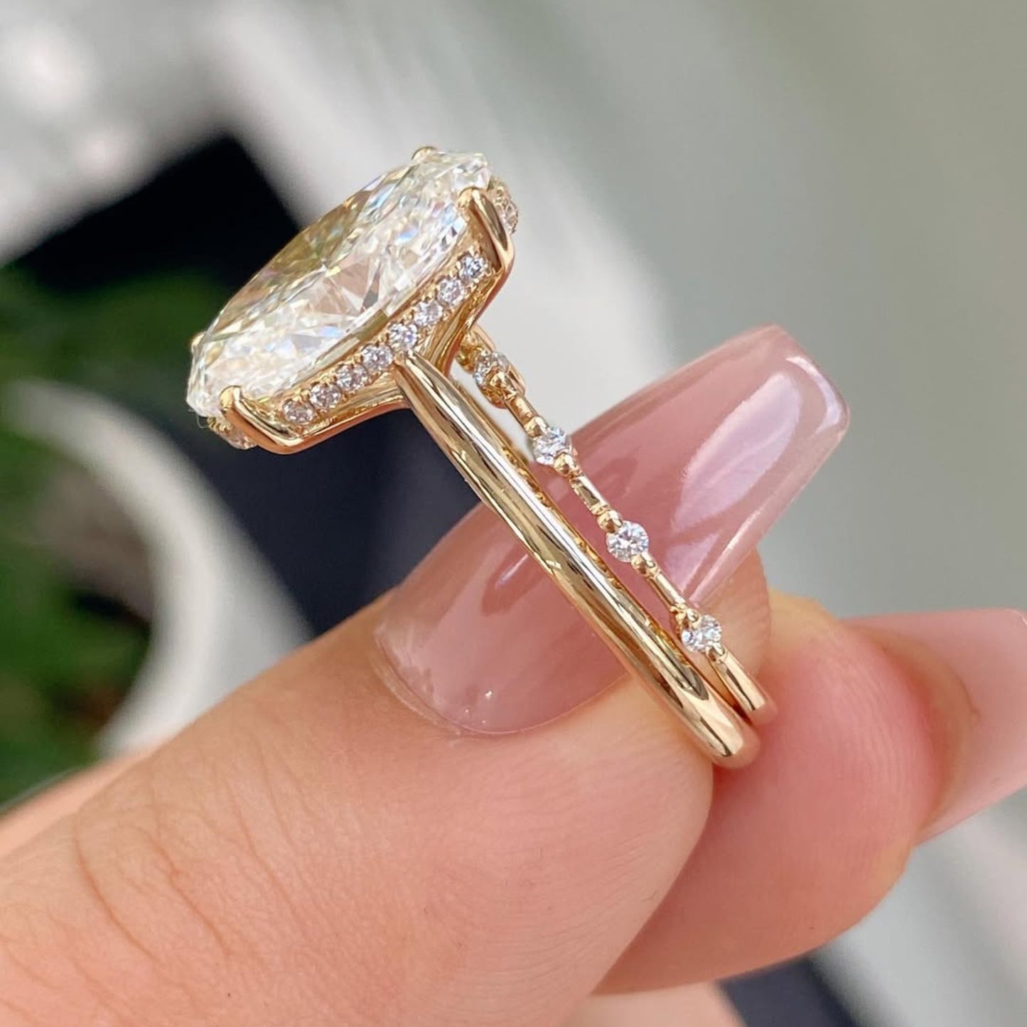 oval lab grown engagement ring set distance pave band set gold bridal wedding ring set