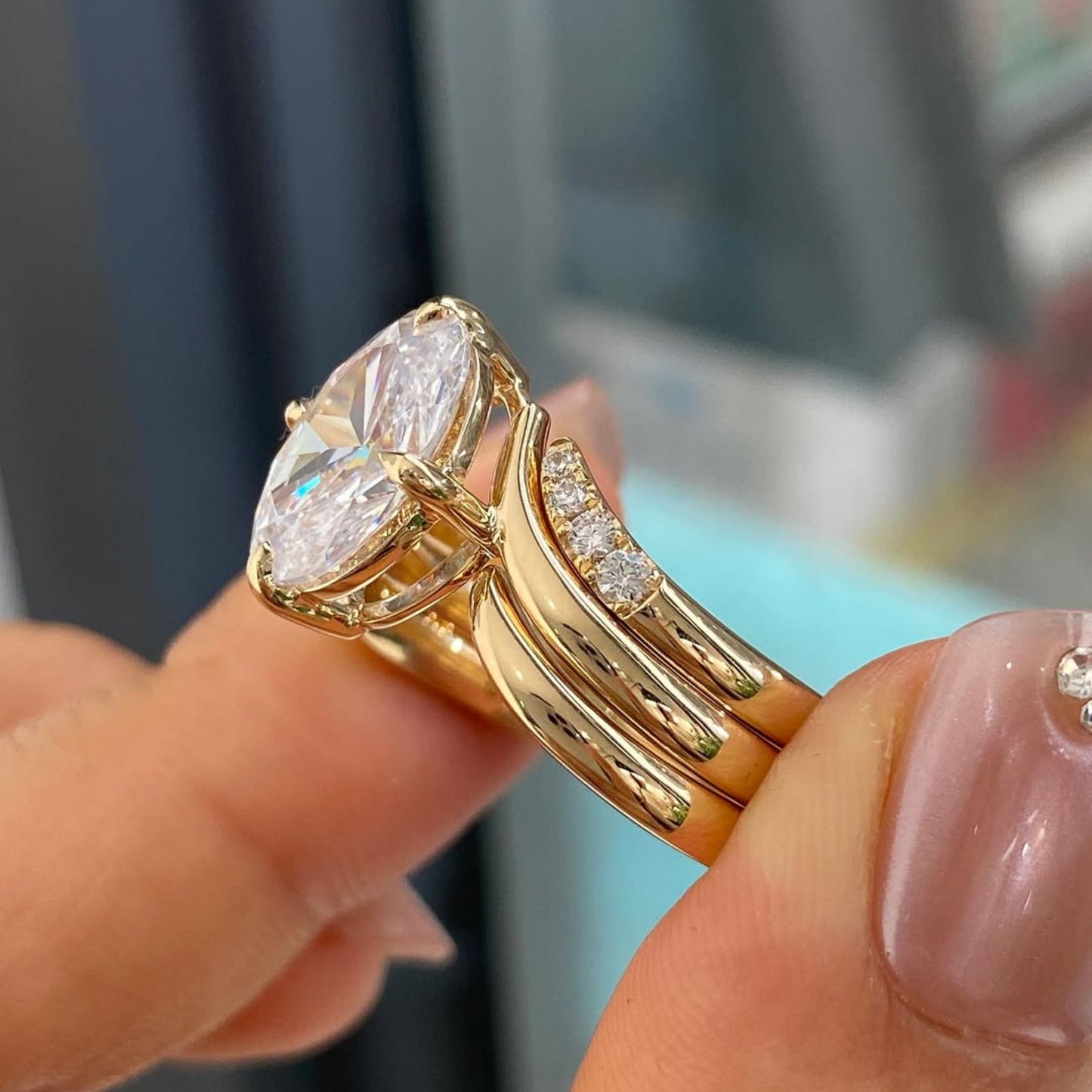 oval lab grown diamond ring set with curved pavé gold bands, luxury bridal engagement & wedding ring set, modern statement oval cut design