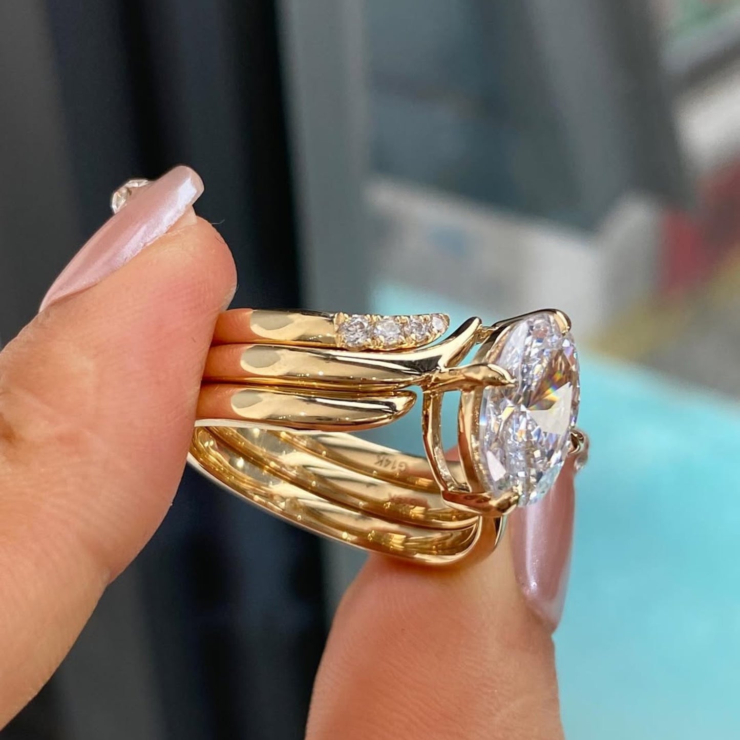 oval lab grown diamond ring set with curved pavé gold bands, luxury bridal engagement & wedding ring set, modern statement oval cut design