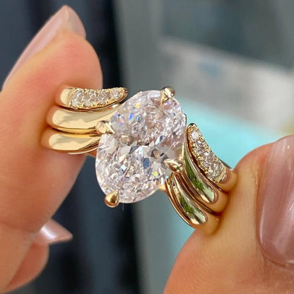 Oval Lab Grown Diamond Ring Set with Curved Pavé Gold Bands, Luxury Bridal Engagement & Wedding Ring Set, Modern Statement Oval Cut Design