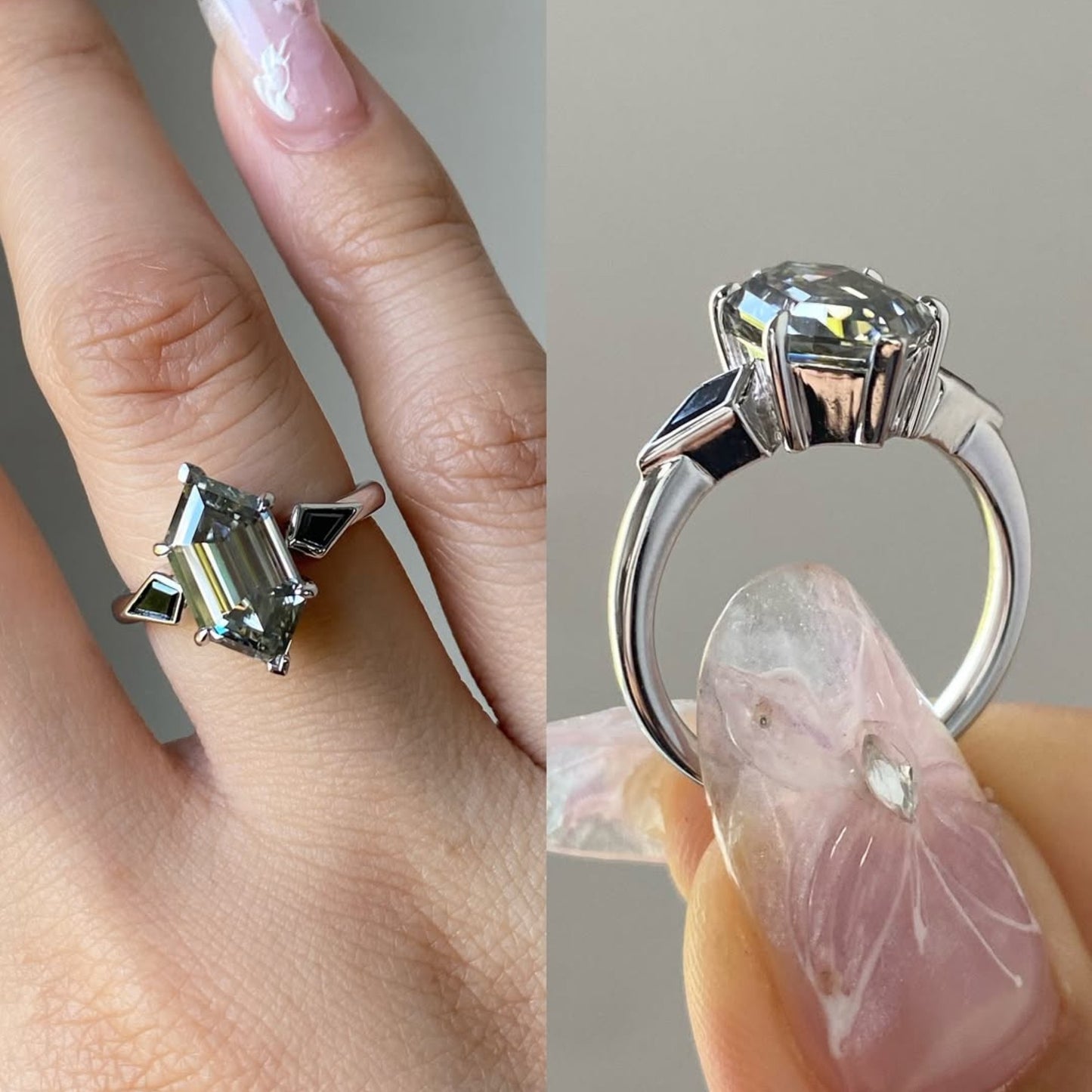 grey hexagon cut three stone engagement ring in white gold | modern geometric vintage inspired moissanite diamond ring