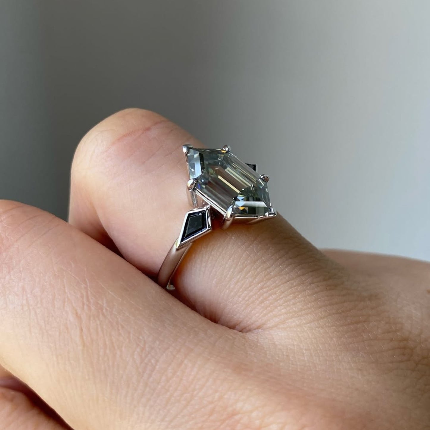 grey hexagon cut three stone engagement ring in white gold | modern geometric vintage inspired moissanite diamond ring