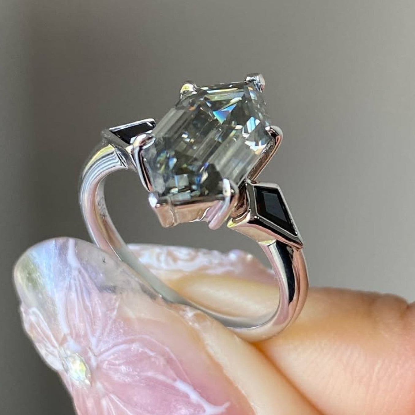 grey hexagon cut three stone engagement ring in white gold | modern geometric vintage inspired moissanite diamond ring