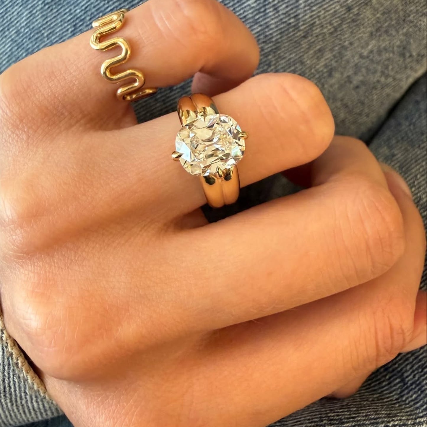 old mine lab grown elongated cushion cut engagement ring in yellow gold, vintage-inspired solitaire diamond ring