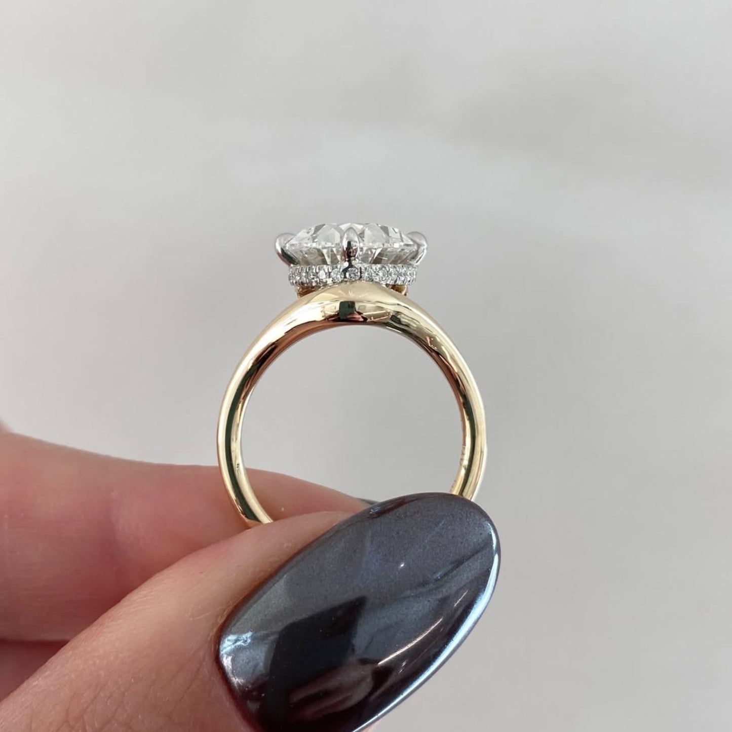 oval lab grown diamond engagement ring two tone gold hidden halo bridal ring
