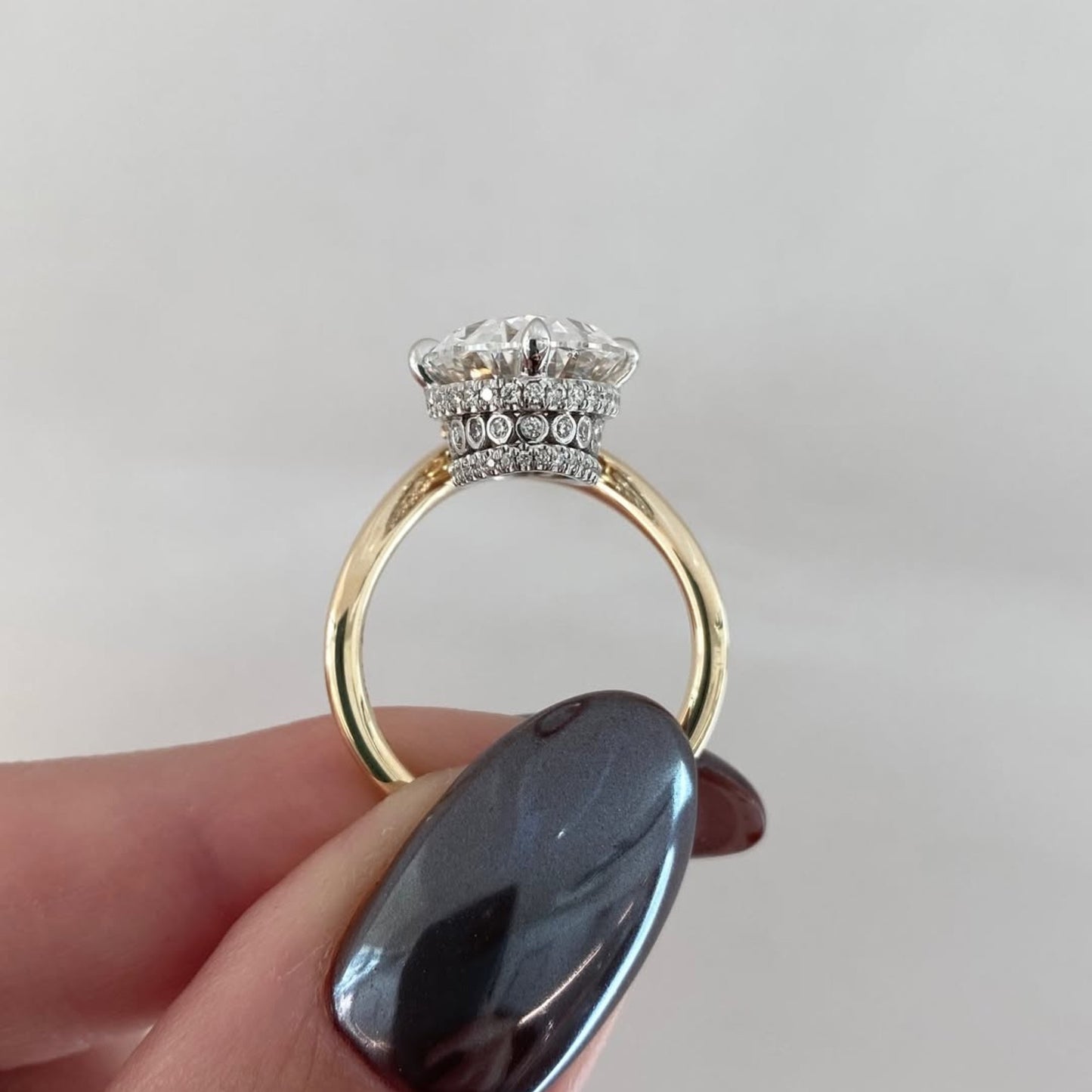 oval lab grown diamond engagement ring two tone gold hidden halo bridal ring