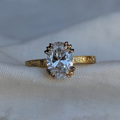 Oval Moissanite Engagement Ring Gold Engraved Band Vintage Claw Prong Solitaire Ring
