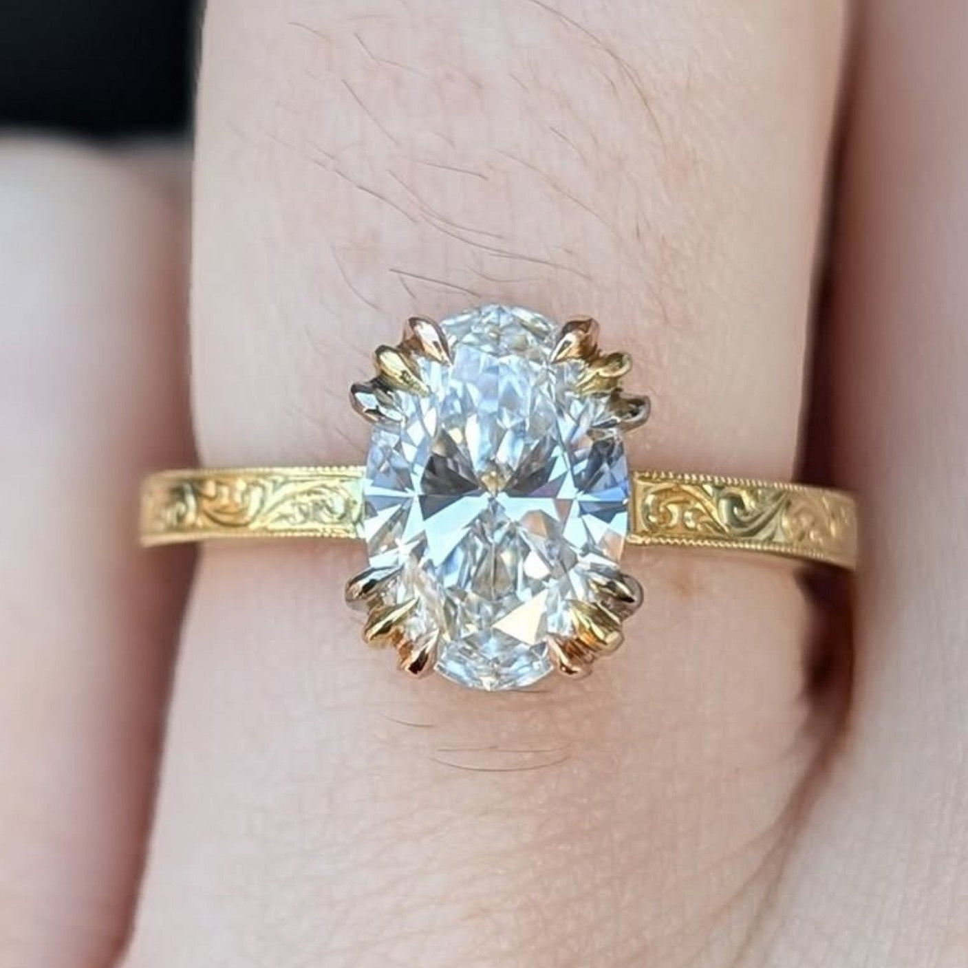 oval moissanite engagement ring gold engraved band vintage claw prong solitaire ring