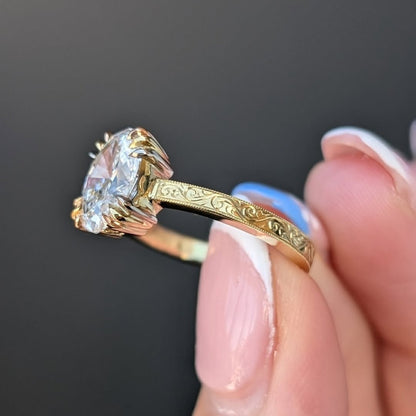 Oval Moissanite Engagement Ring Gold Engraved Band Vintage Claw Prong Solitaire Ring