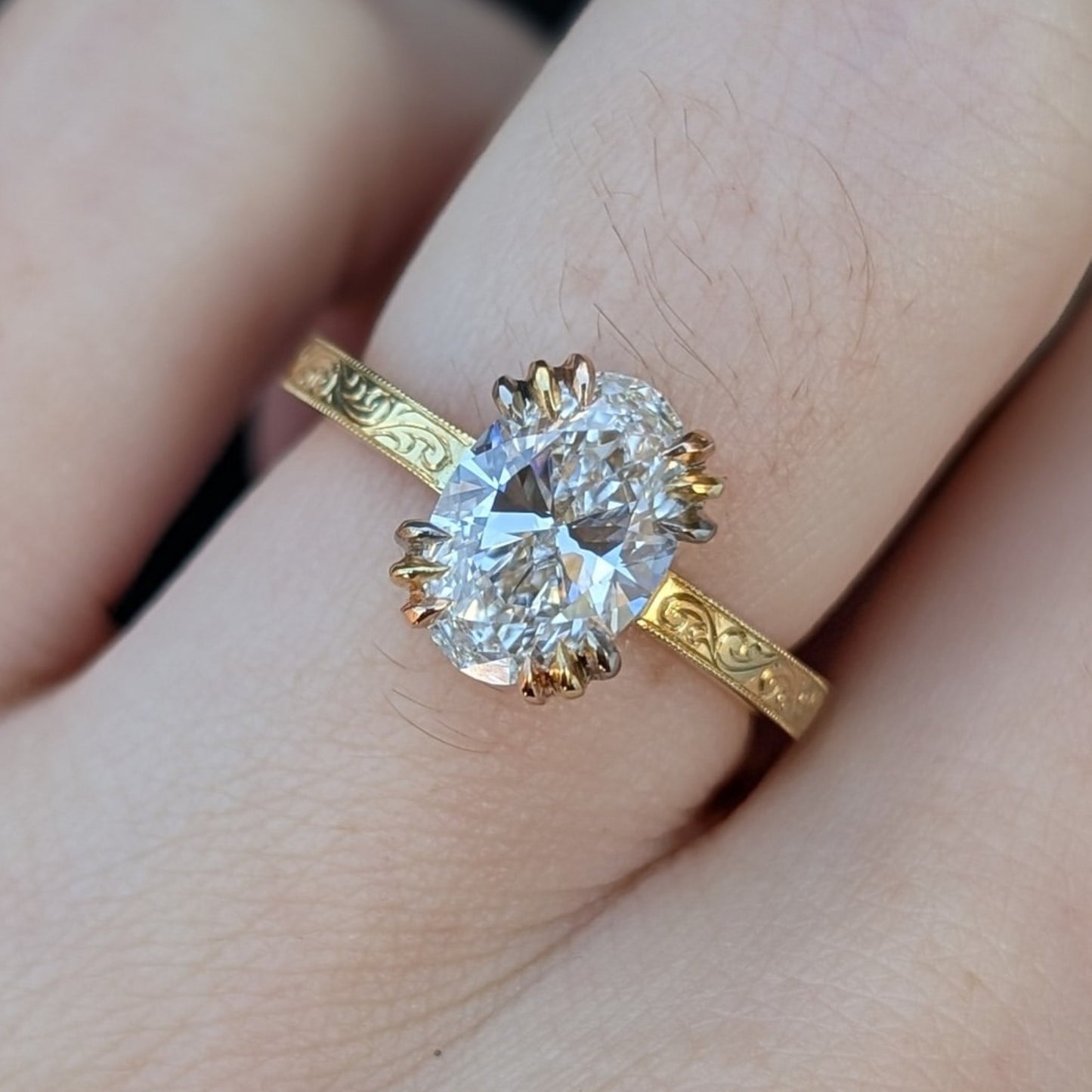 oval moissanite engagement ring gold engraved band vintage claw prong solitaire ring