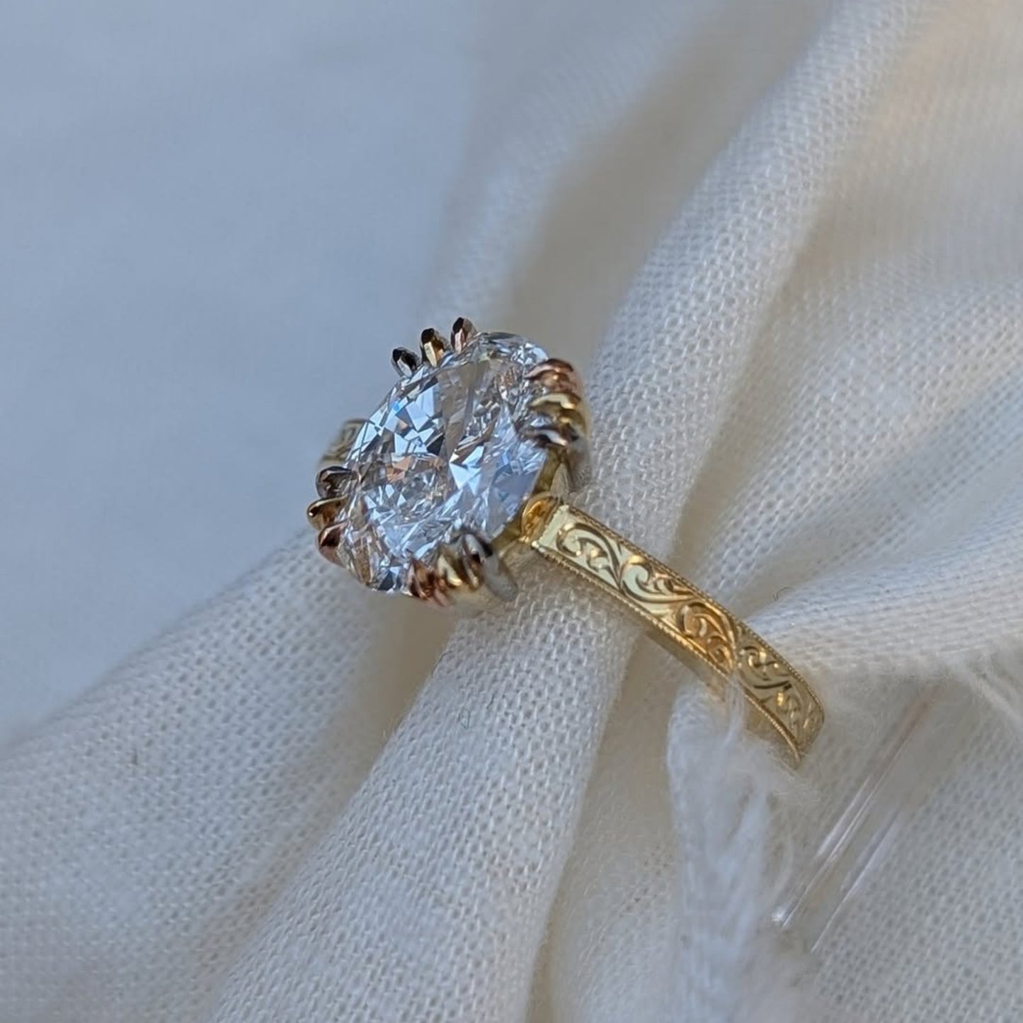 oval moissanite engagement ring gold engraved band vintage claw prong solitaire ring
