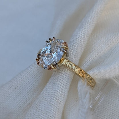 Oval Moissanite Engagement Ring Gold Engraved Band Vintage Claw Prong Solitaire Ring