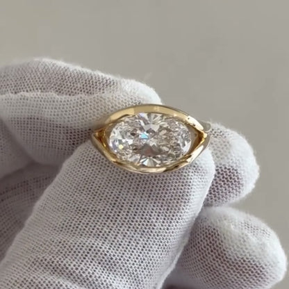 Half Bezel Oval Moissanite Engagement Ring East West Gold Split Shank Wedding Ring