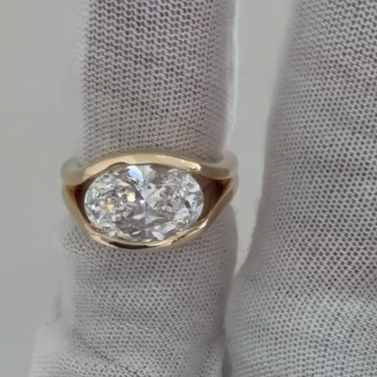 Half Bezel Oval Moissanite Engagement Ring East West Gold Split Shank Wedding Ring