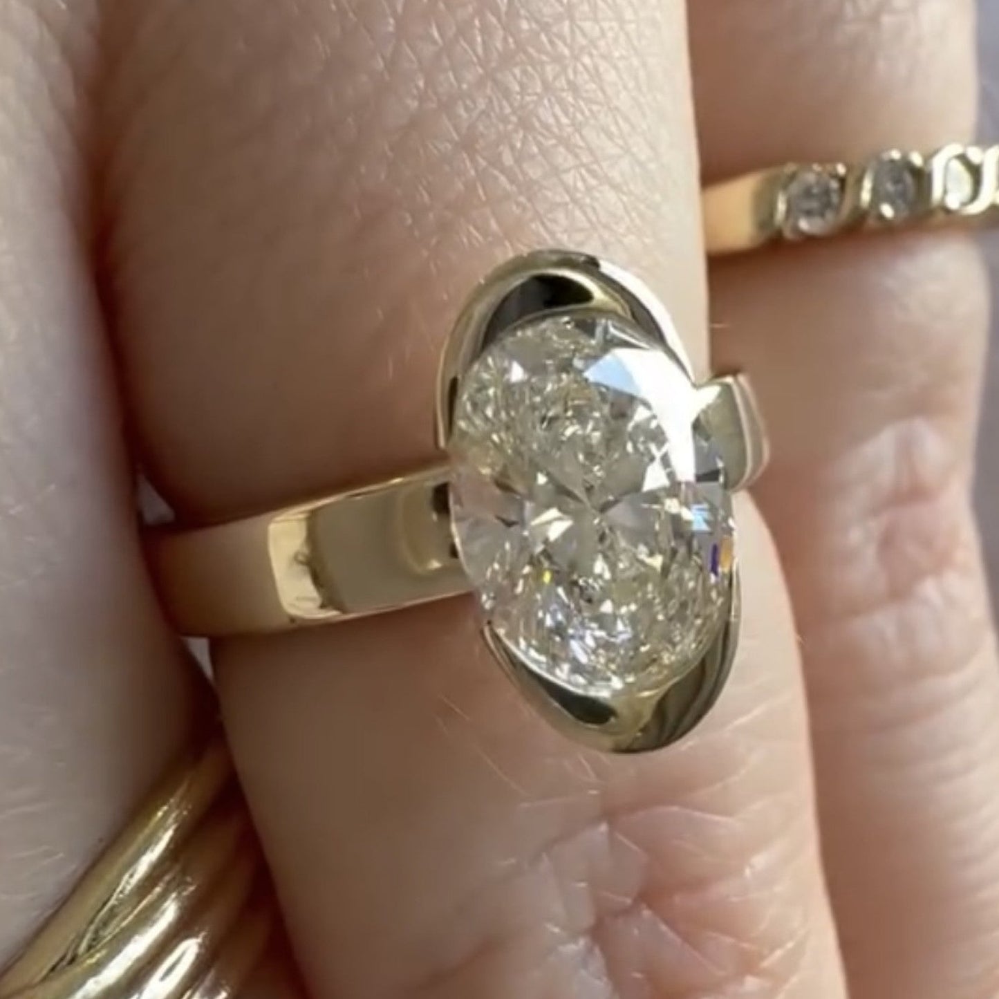 half bezel oval cut moissanite engagement ring unique gold wedding anniversary ring