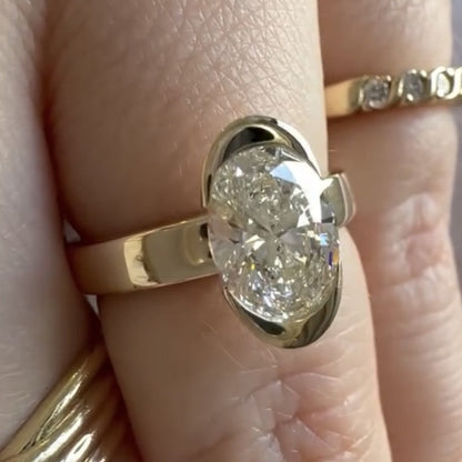 Half Bezel Oval Cut Moissanite Engagement Ring Unique Gold Wedding Anniversary Ring
