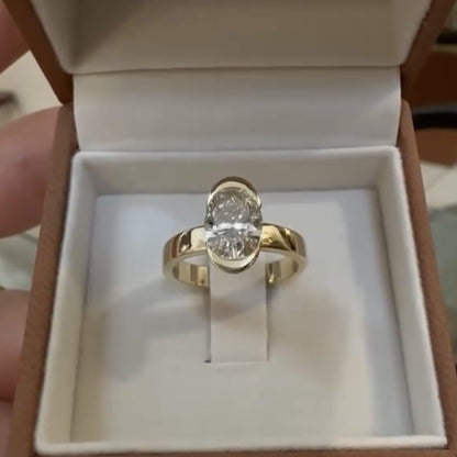 Half Bezel Oval Cut Moissanite Engagement Ring Unique Gold Wedding Anniversary Ring