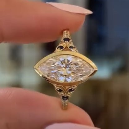 Art Deco Bezel Set Marquise Moissanite Engagement Ring Vintage Gold Wedding Ring