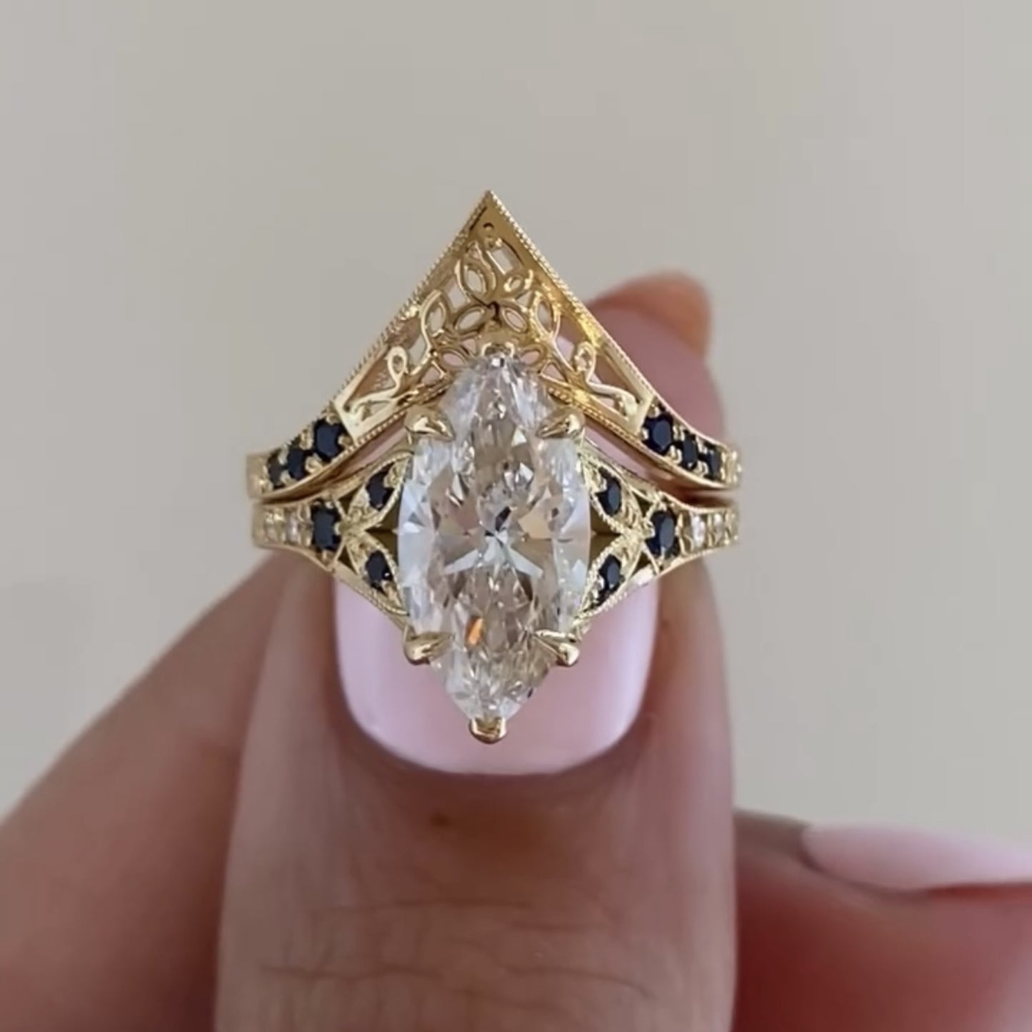 vintage marquise lab grown engagement ring set art deco bridal set gold wedding ring set