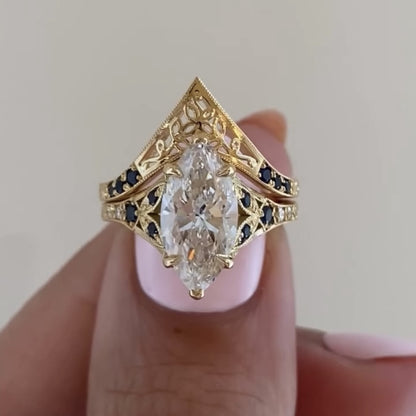 Vintage Marquise Lab Grown Engagement Ring Set Art Deco Bridal Set Gold Wedding Ring Set