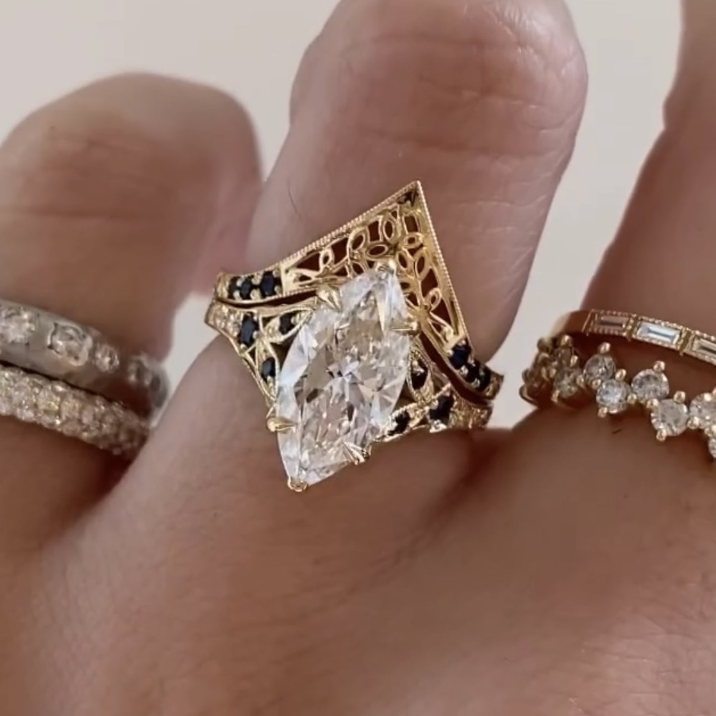 vintage marquise lab grown engagement ring set art deco bridal set gold wedding ring set