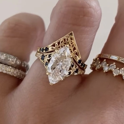 Vintage Marquise Lab Grown Engagement Ring Set Art Deco Bridal Set Gold Wedding Ring Set