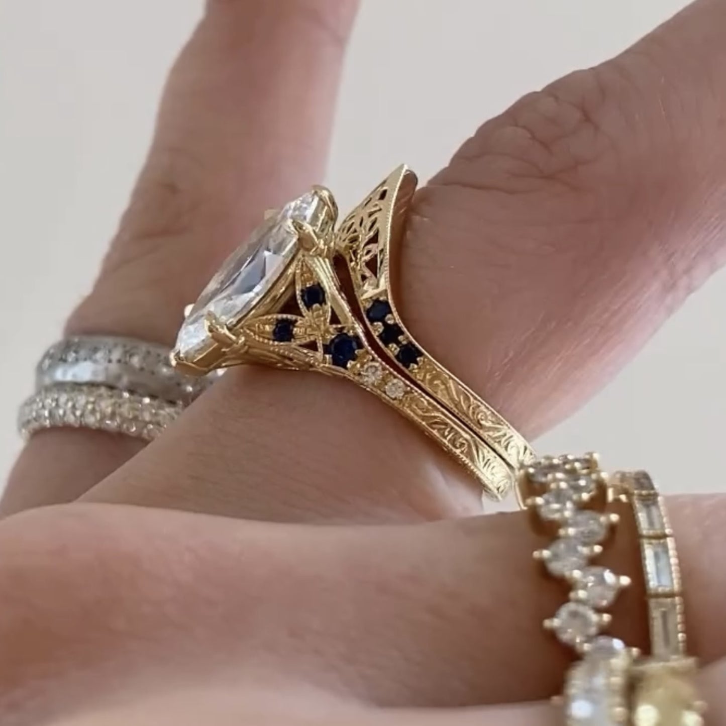 vintage marquise lab grown engagement ring set art deco bridal set gold wedding ring set