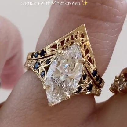 Vintage Marquise Lab Grown Engagement Ring Set Art Deco Bridal Set Gold Wedding Ring Set