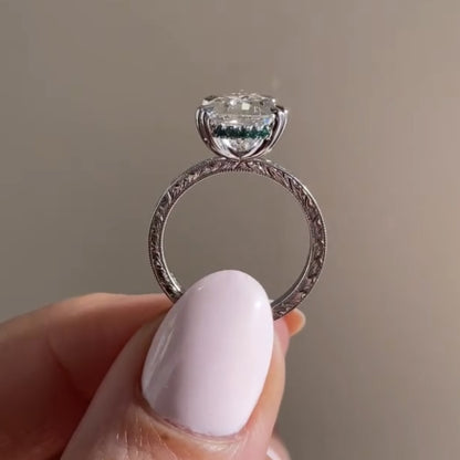 Double Claw Prong Pear Moissanite Engagement Ring Hidden Halo  Wedding Engraved Band Ring