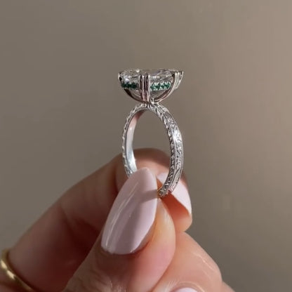 Double Claw Prong Pear Moissanite Engagement Ring Hidden Halo  Wedding Engraved Band Ring