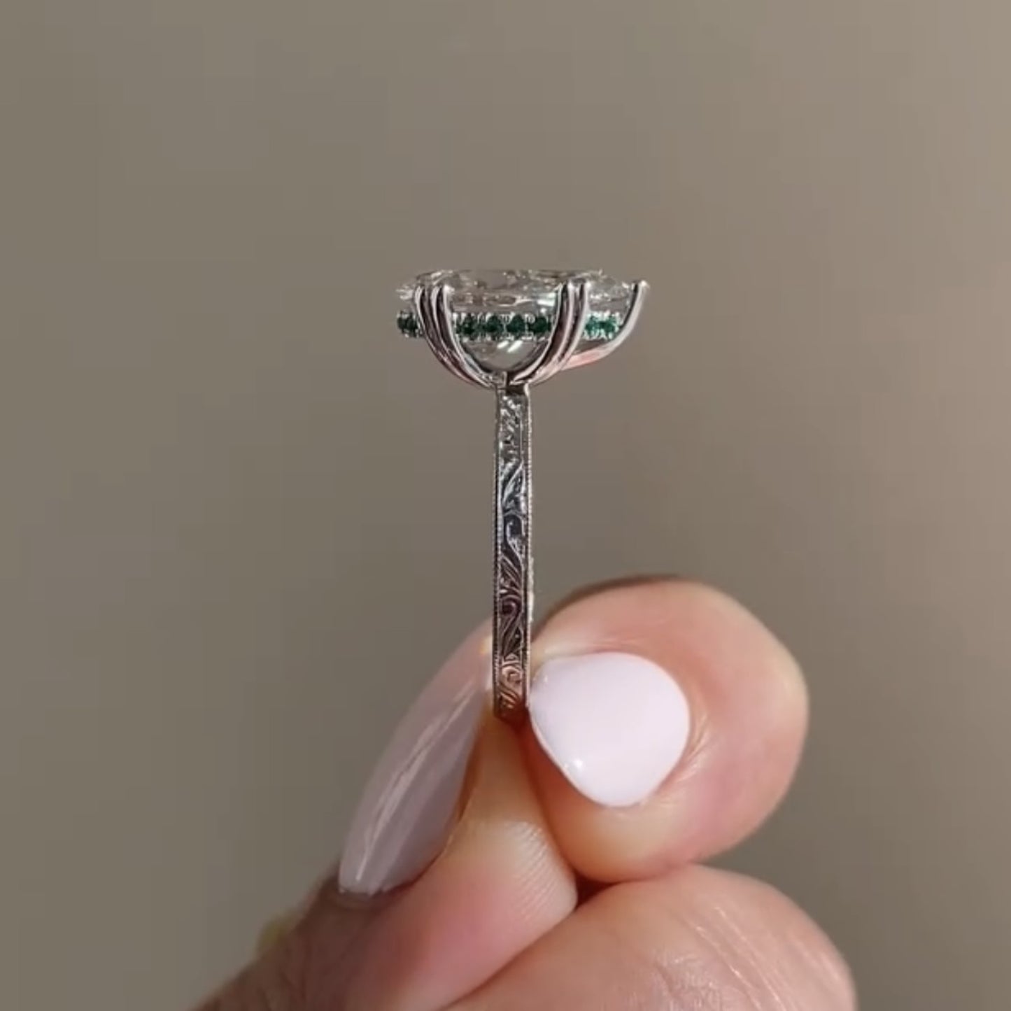 double claw prong pear moissanite engagement ring hidden halo  wedding engraved band ring