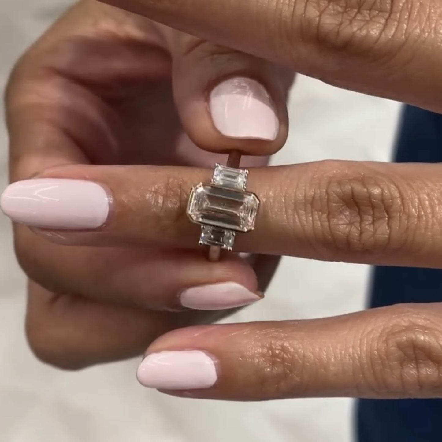 emerald cut lab grown  diamond three stone engagement ring bezel setting handmade luxury ring