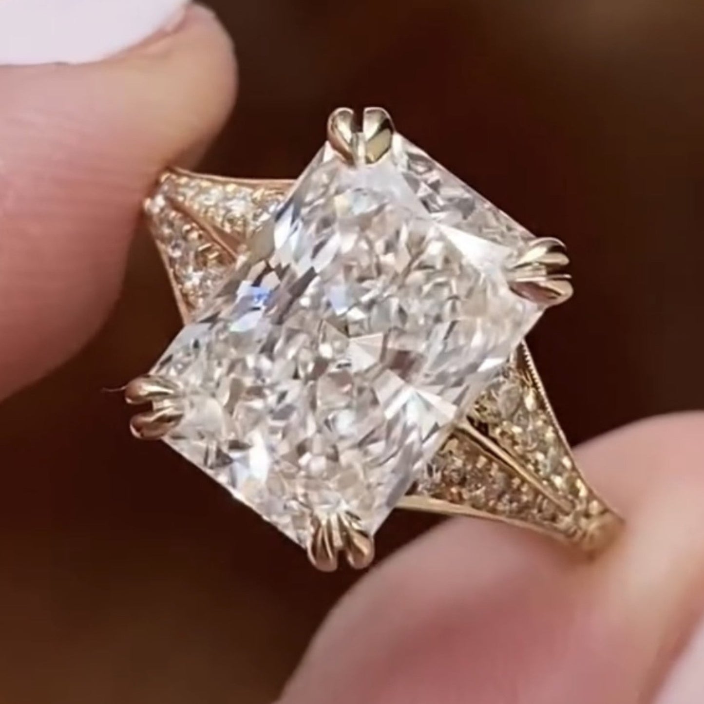 radiant cut lab grown diamond engagement ring with split shank art deco setting in yellow gold